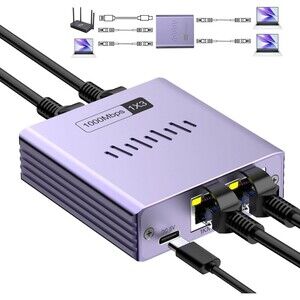 Denlane Ethernet Splitter 1 to 3, 1000Mbps, Aluminum Alloy Case, Cat 5-8 NEW